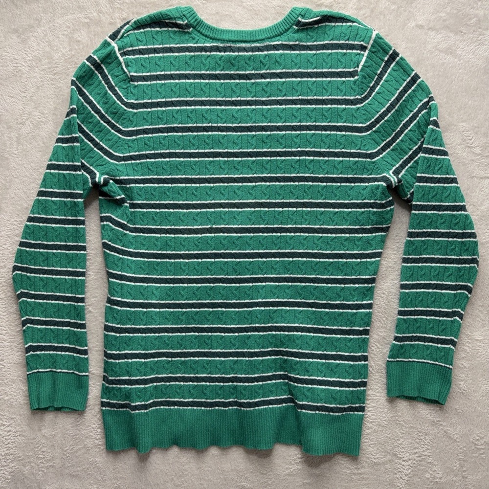 Basic Editions Women XL Long Sleeve Y2K Striped Cable Knit Sweater Preppy Green - Picture 6 of 10